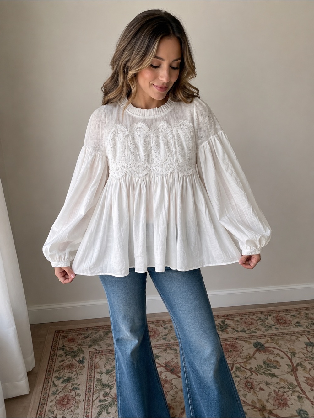 Fate White Boho Lace Yoke Peasant Blouse
